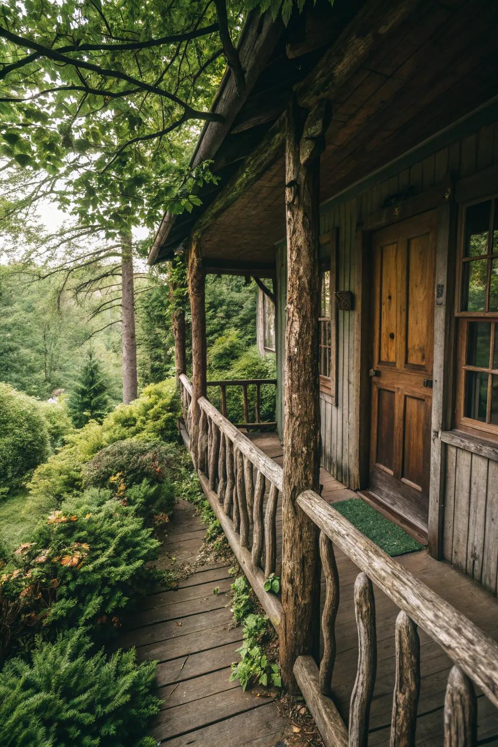 Rustic log railings bring the charm of the woods to your doorstep.