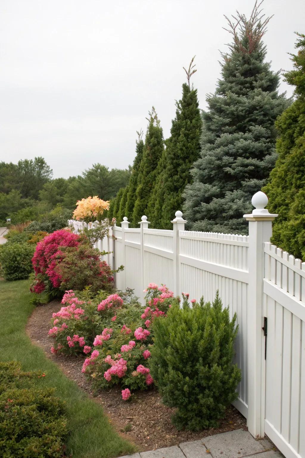 A variety of evergreens and flowering shrubs transform a plain white vinyl fence into a lush oasis.
