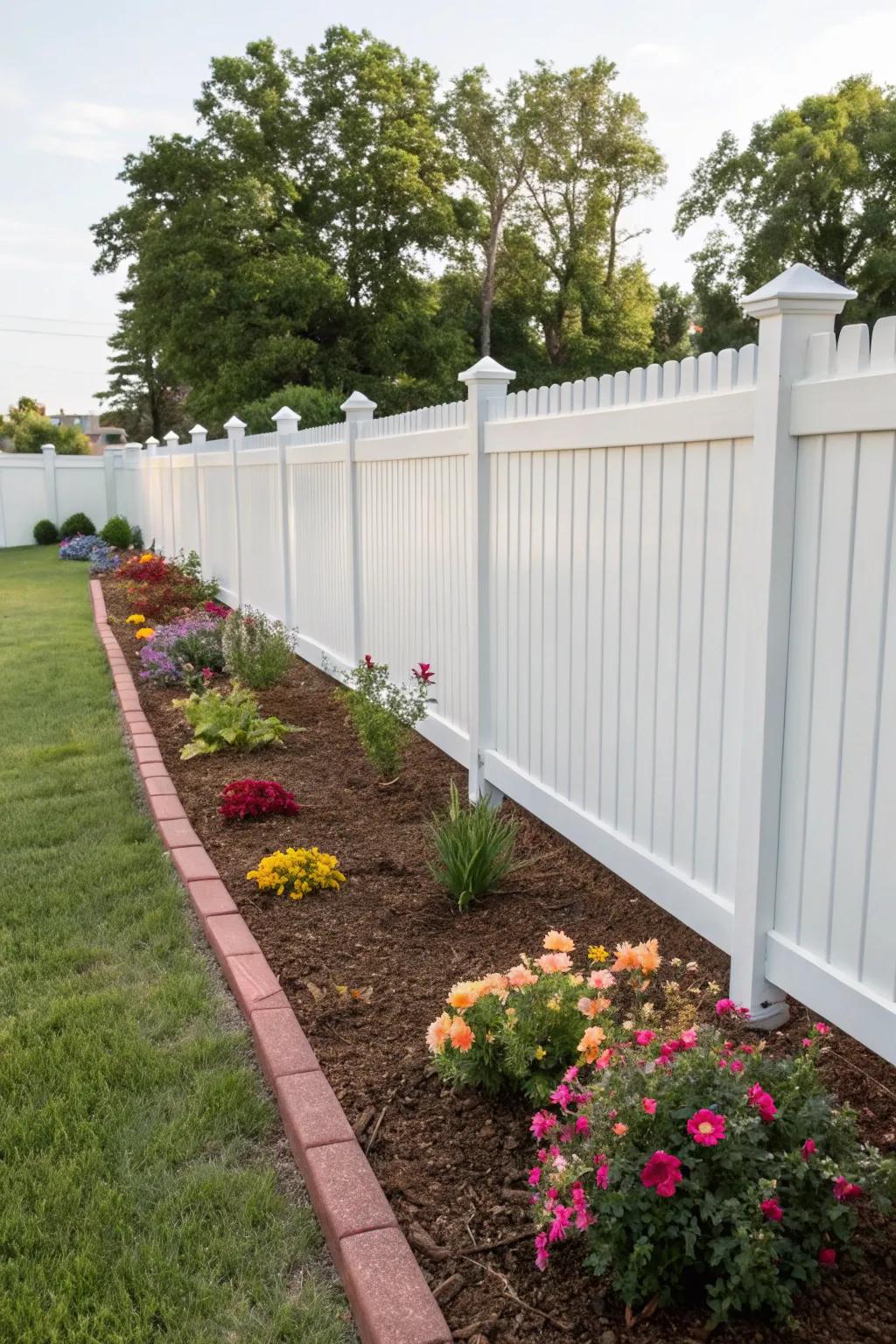 Decorative mulch outlines flower beds, adding neatness and artistry along a white vinyl fence.