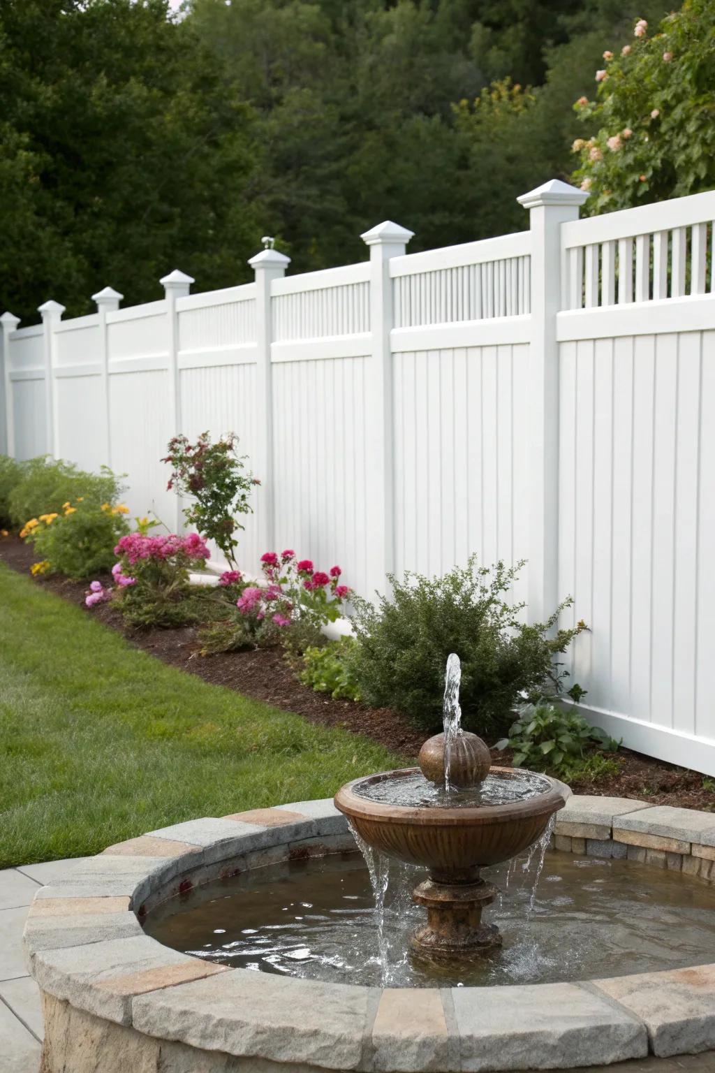 A small fountain feature introduces soothing water sounds along a white vinyl fence.