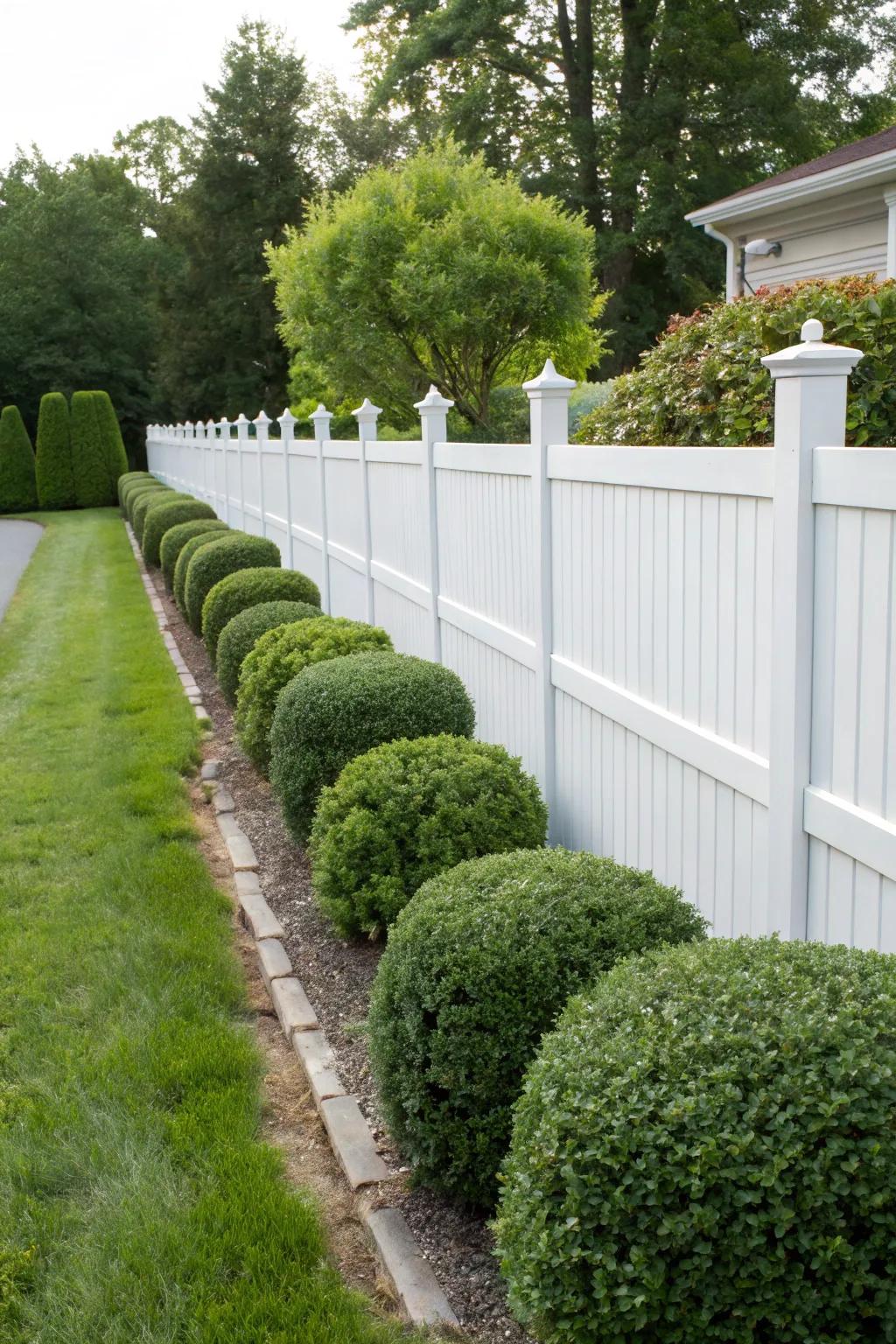 Neatly trimmed bushes and hedges create a refined, manicured look along a white vinyl fence.