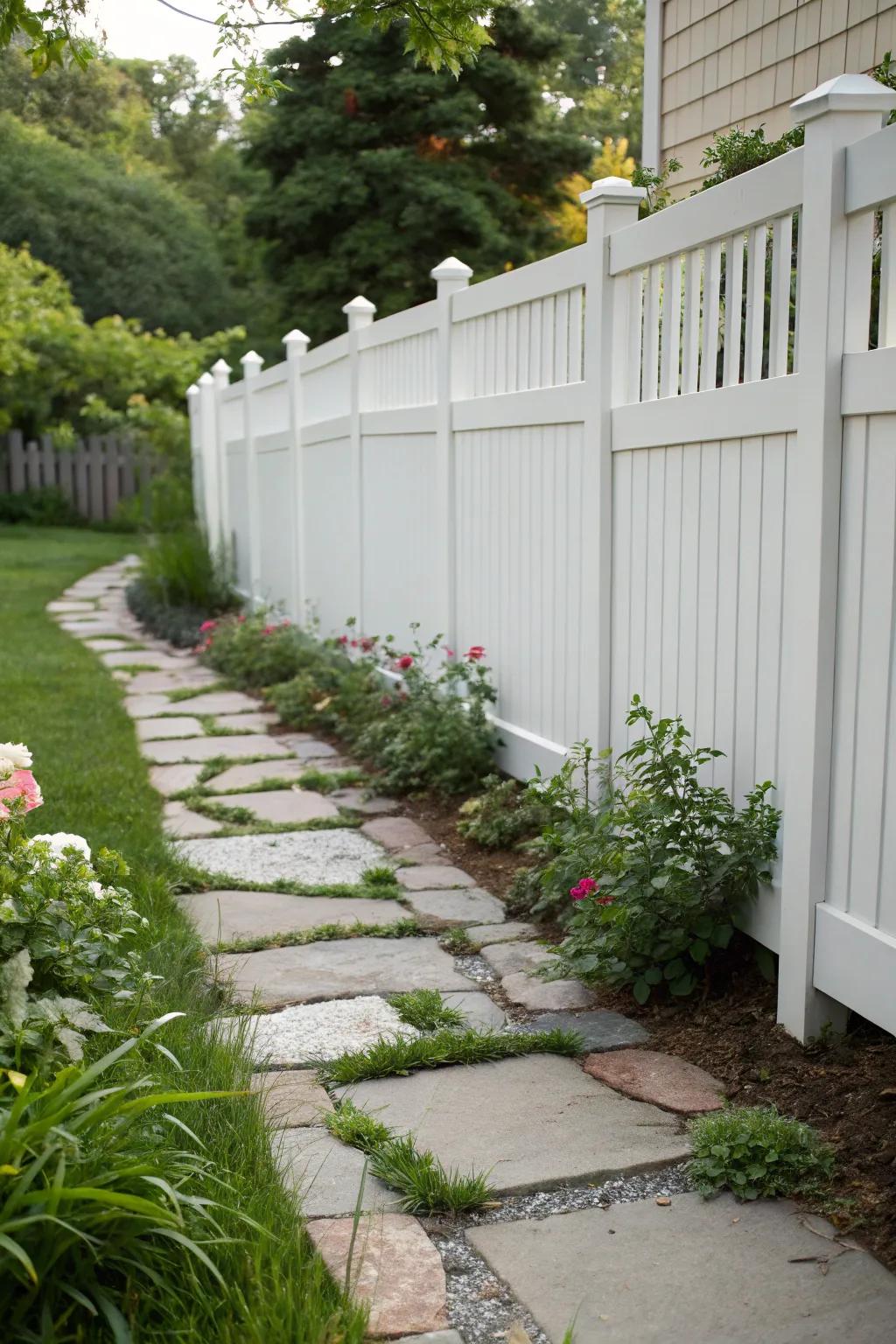 A stone pathway with stepping stones adds elegance and structure along a white vinyl fence.