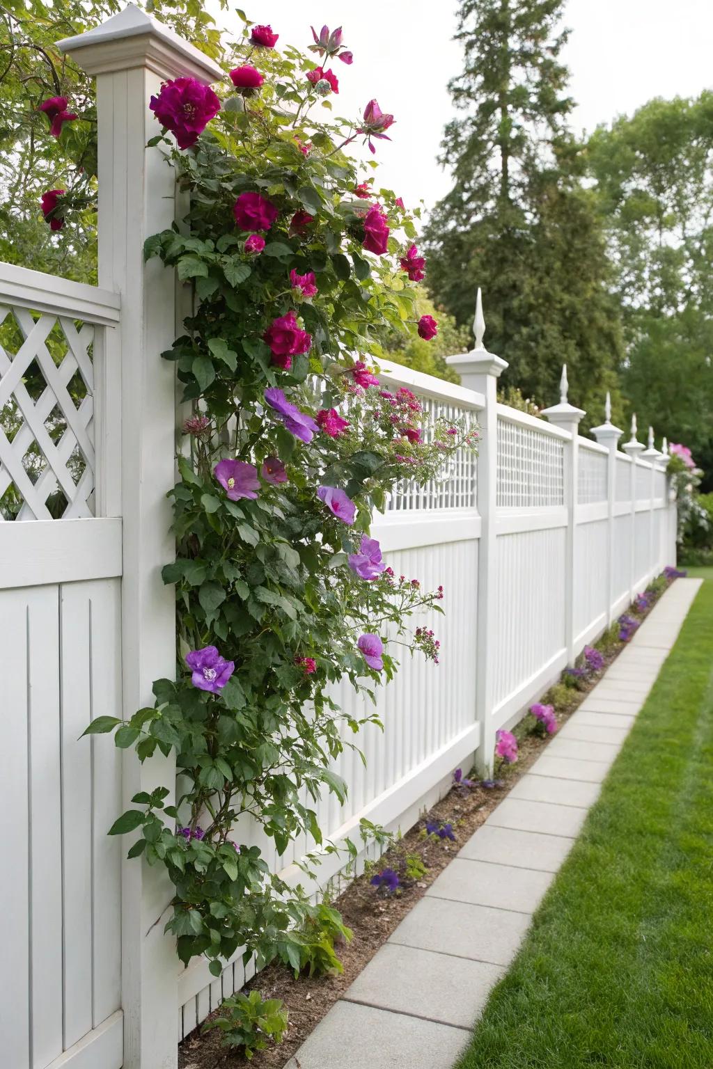 Trellises support climbing roses and clematis, adding vertical beauty to a white vinyl fence.