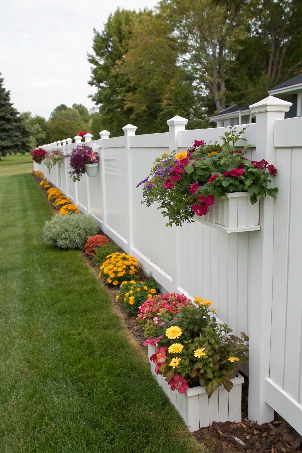 Colorful seasonal planters keep the landscape fresh and exciting along a white vinyl fence.