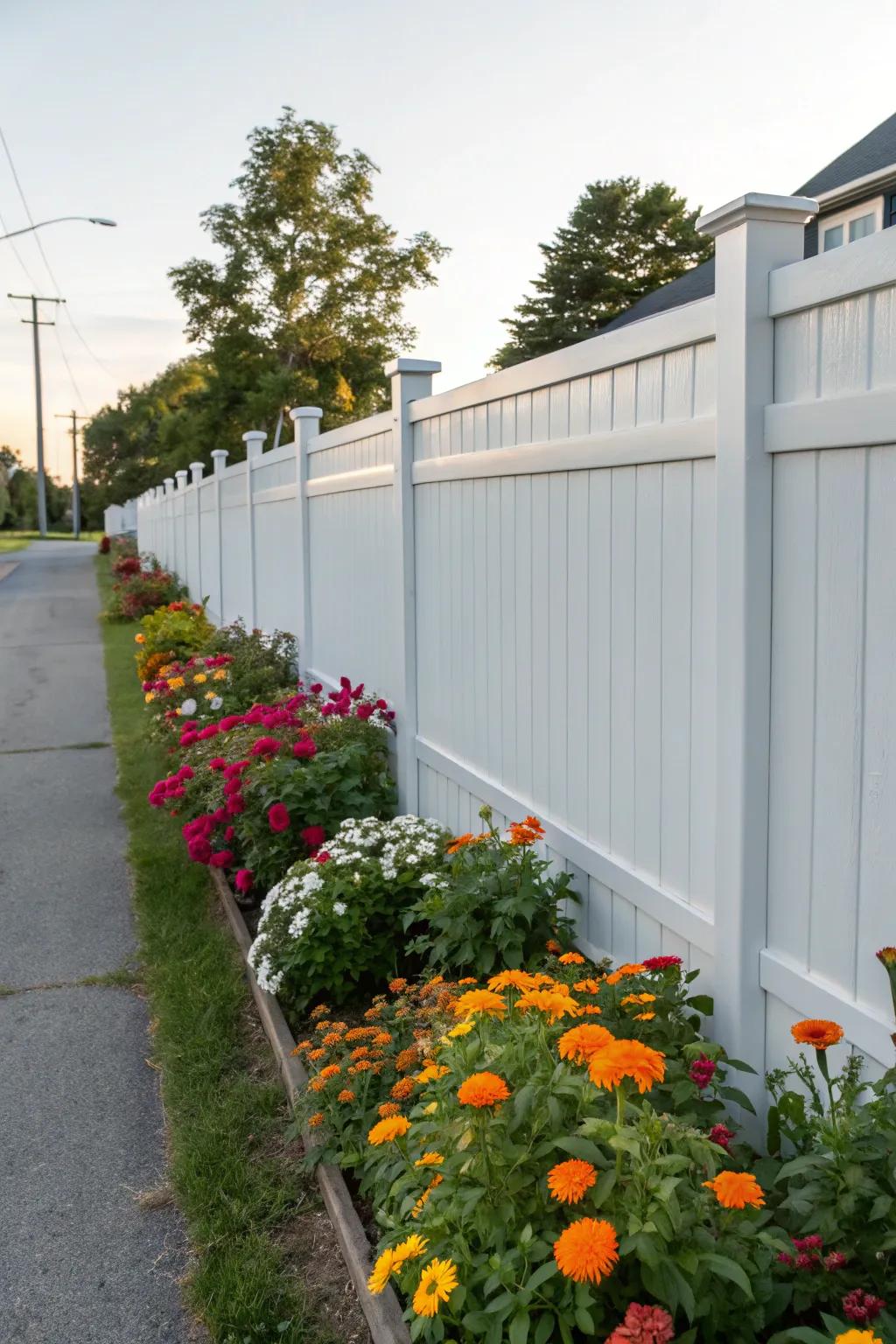 Vibrant flower beds featuring zinnias and marigolds create a striking contrast with a white vinyl fence.