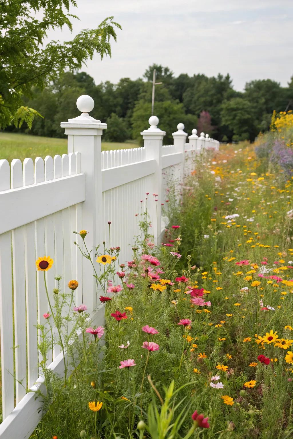A wildflower meadow with native flowers brings a natural, carefree vibe to a white vinyl fence.