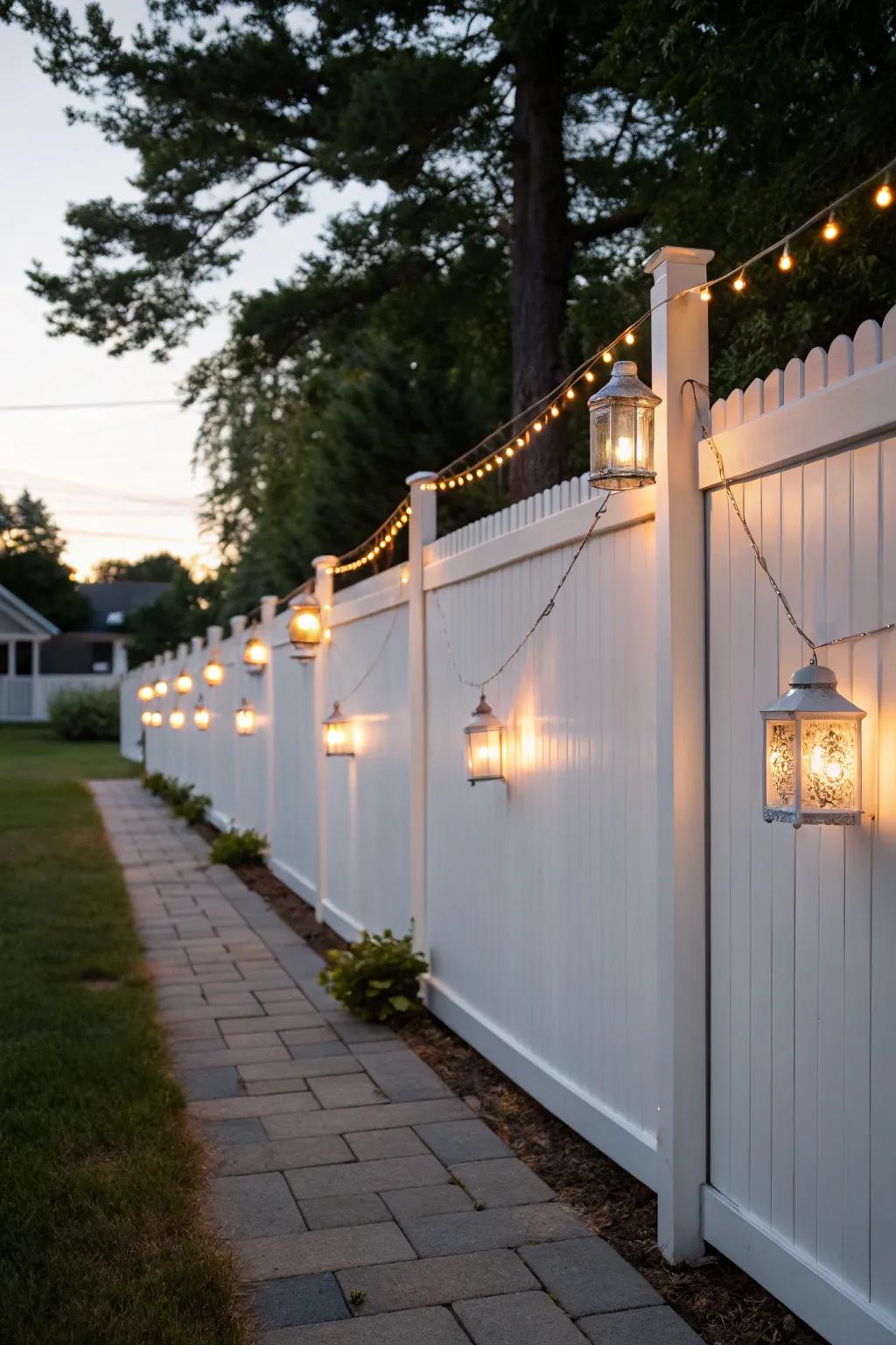 Ambient string lights and lanterns create a magical evening atmosphere along a white vinyl fence.