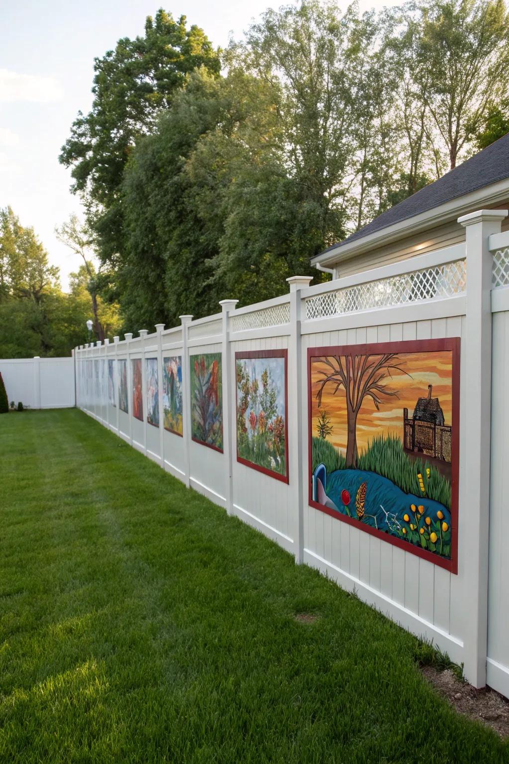 Artistic murals transform a white vinyl fence into a stunning personal touch in the garden.