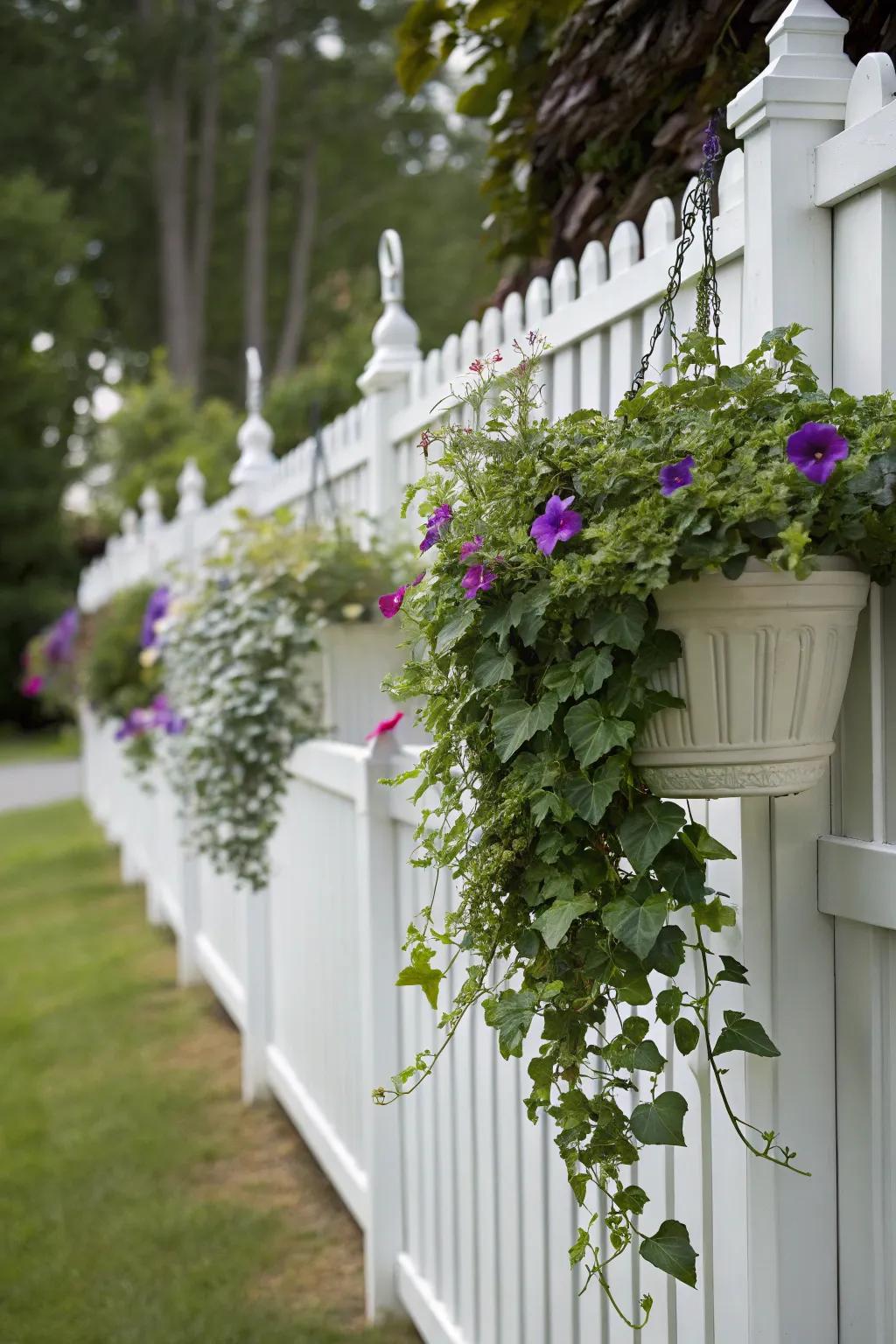 Hanging planters filled with cascading ivy and petunias add vertical interest to a white vinyl fence.
