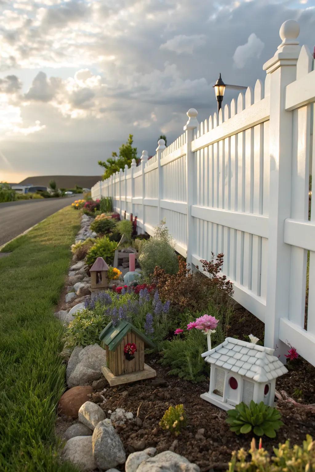 A whimsical fairy garden adds enchantment and fantasy along a white vinyl fence.