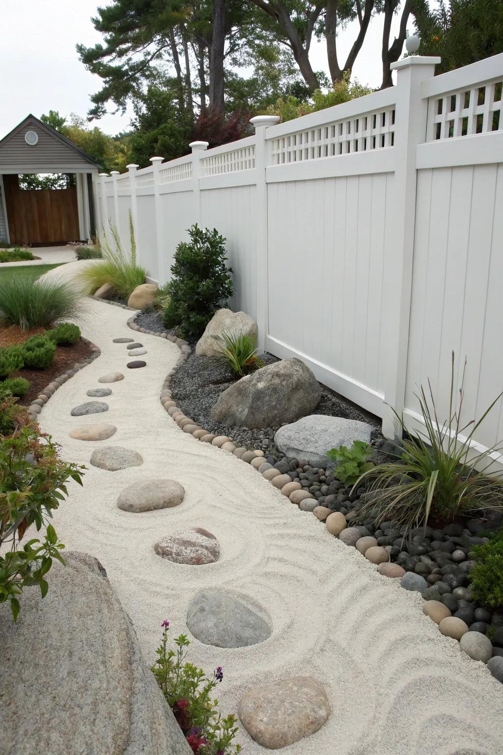 A Zen garden with sand, stones, and minimalistic plants offers serenity along a white vinyl fence.