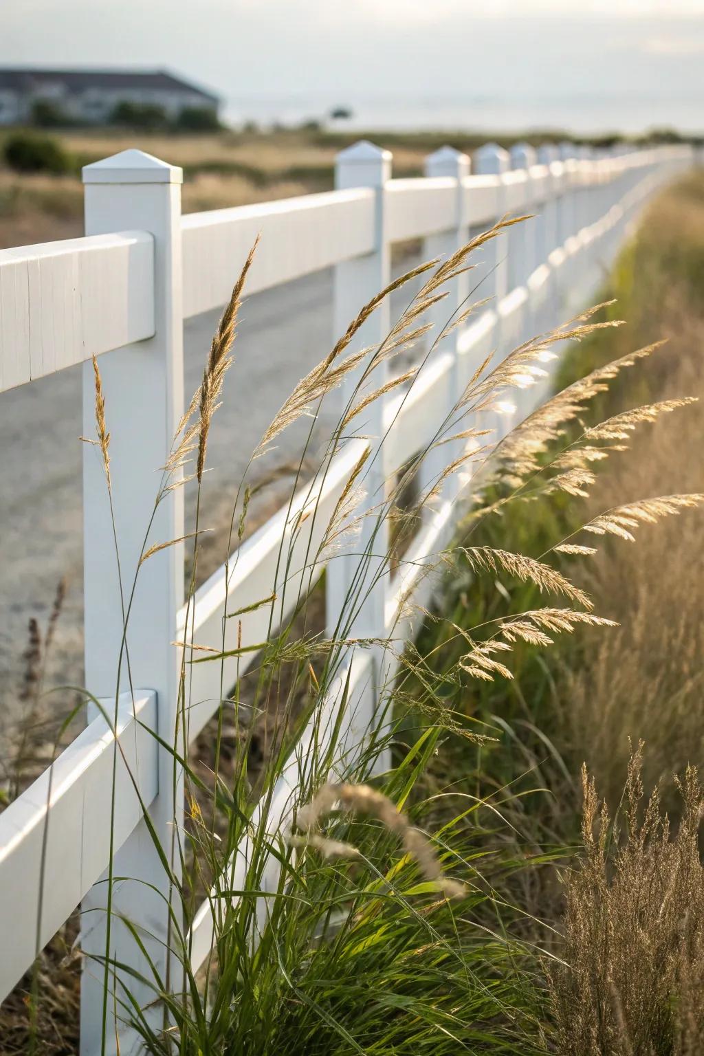Ornamental grasses add texture and dynamic movement along a white vinyl fence.
