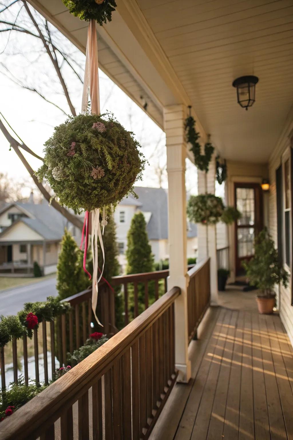 A festive kissing ball adds a unique touch to your porch.