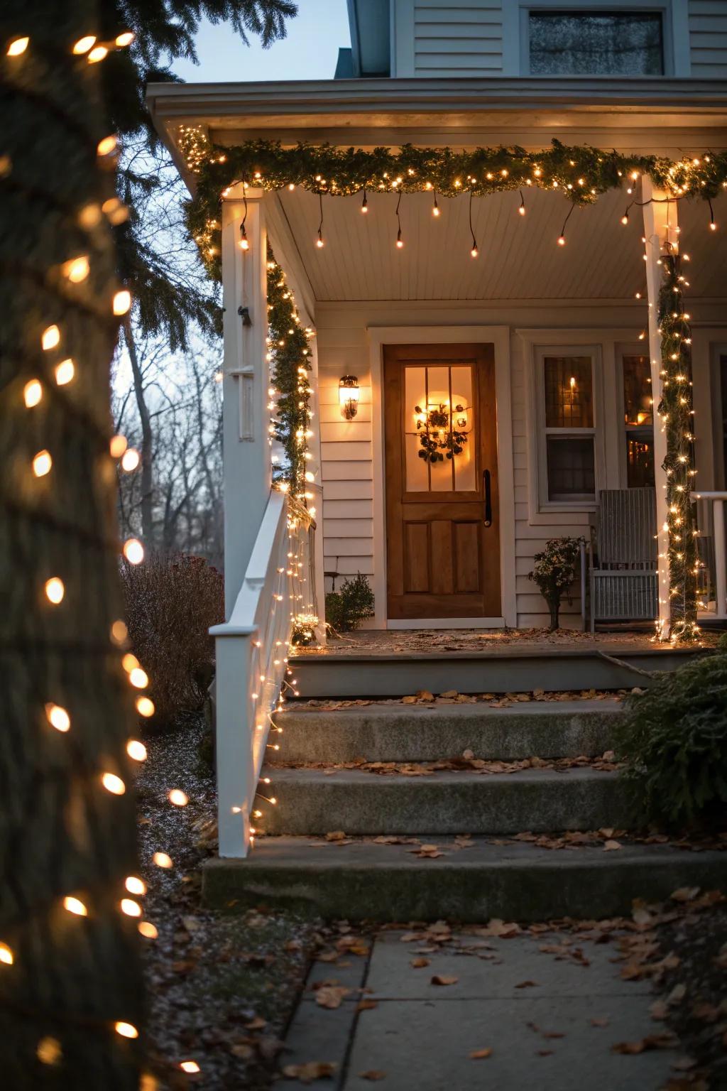 Christmas lights outline the porch, adding festive sparkle.
