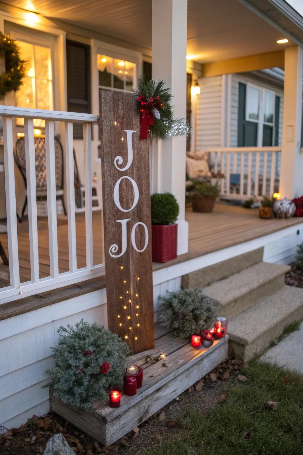 A holiday sign adds a charming touch to your porch decor.
