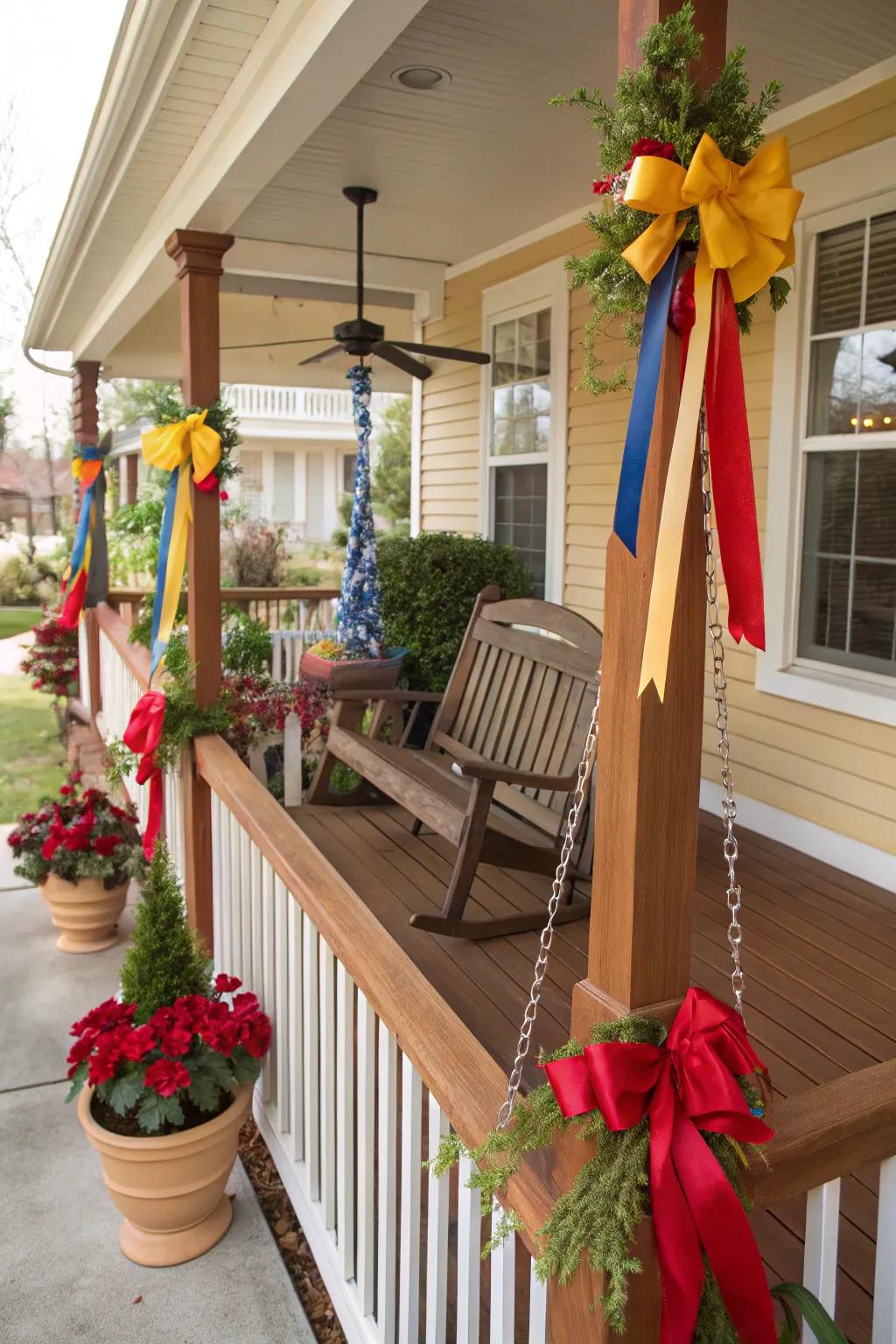 Ribbons and bows add a festive touch to porch decor.