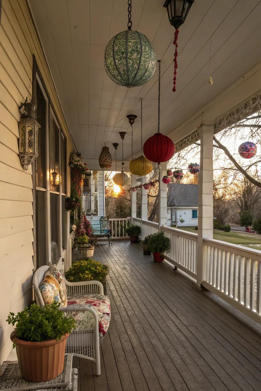Hanging ornaments add a whimsical touch to your porch decor.