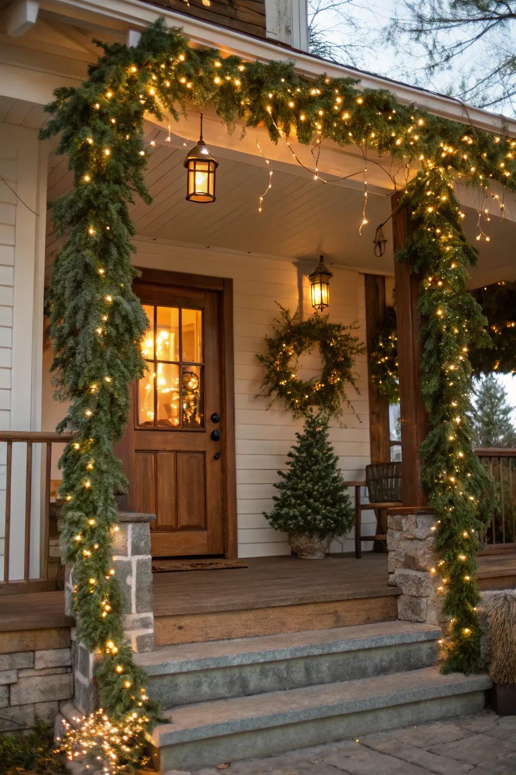 A garland with lights creates a warm and festive entryway.
