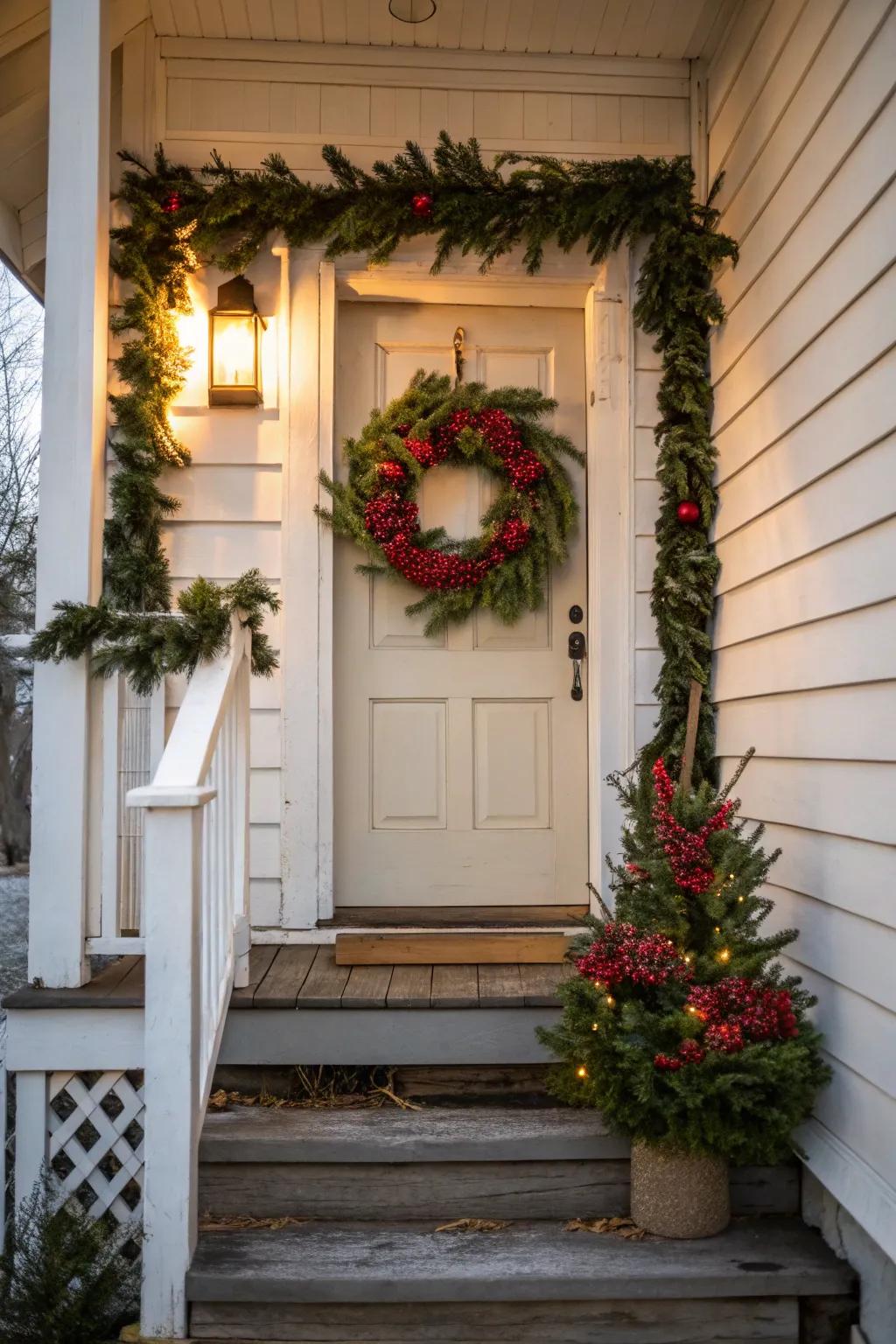 A classic Christmas wreath is the perfect starting point for your porch decorations.
