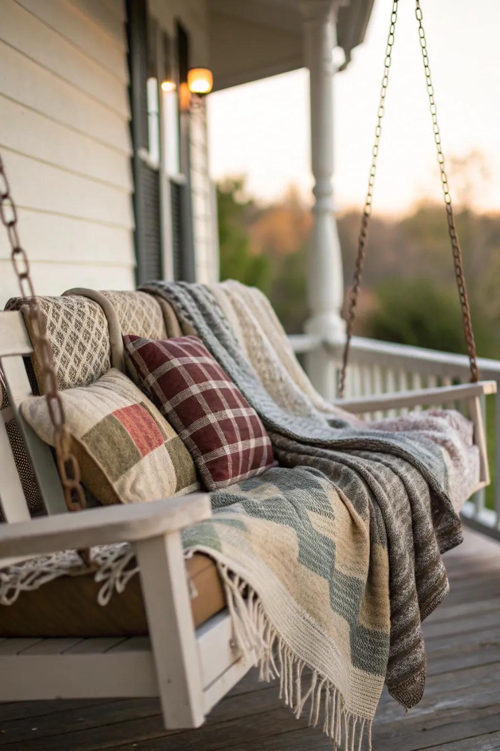 Layered blankets add warmth and texture to porch seating.