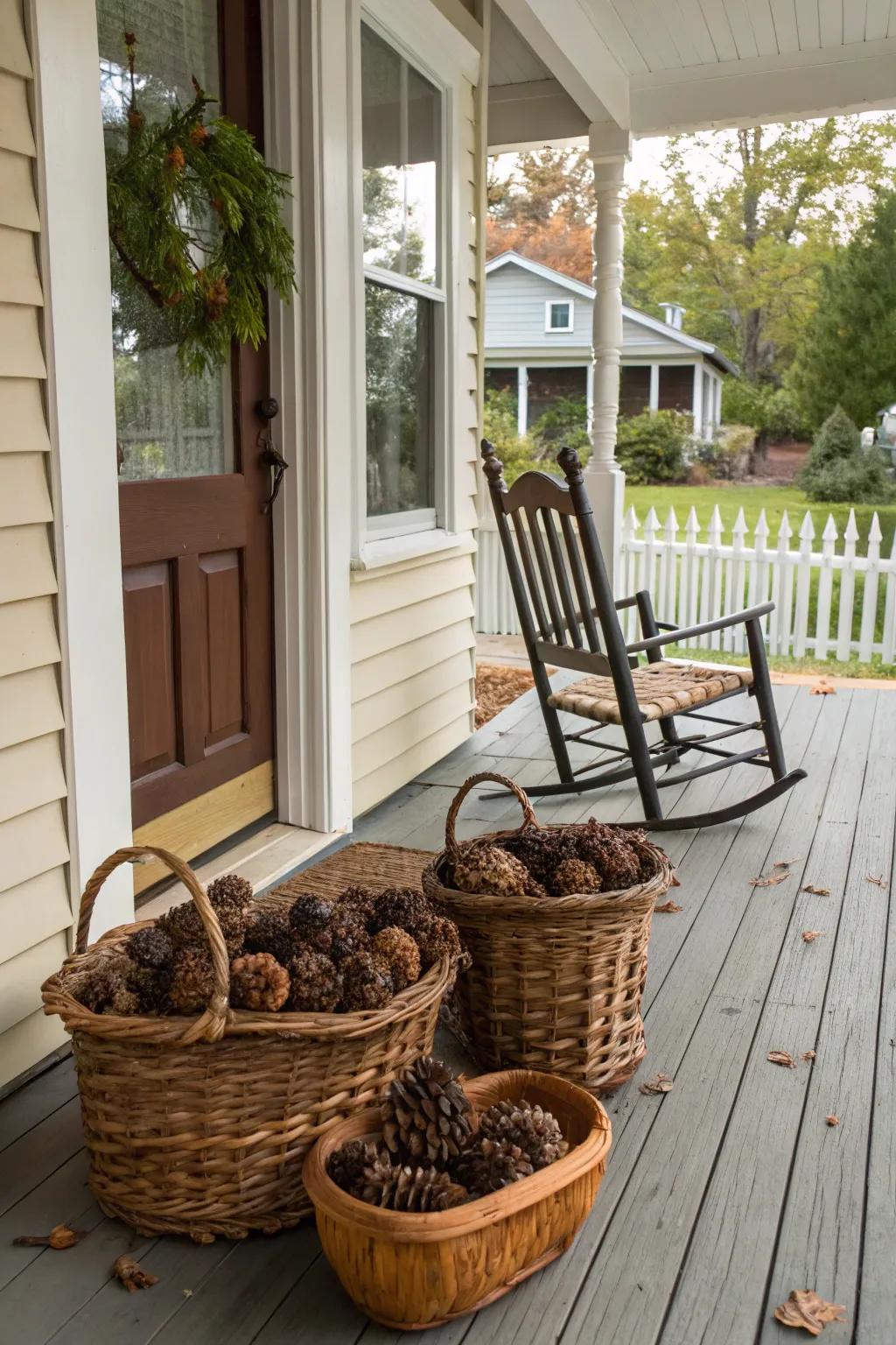 Rustic baskets add charm and texture to your porch decor.