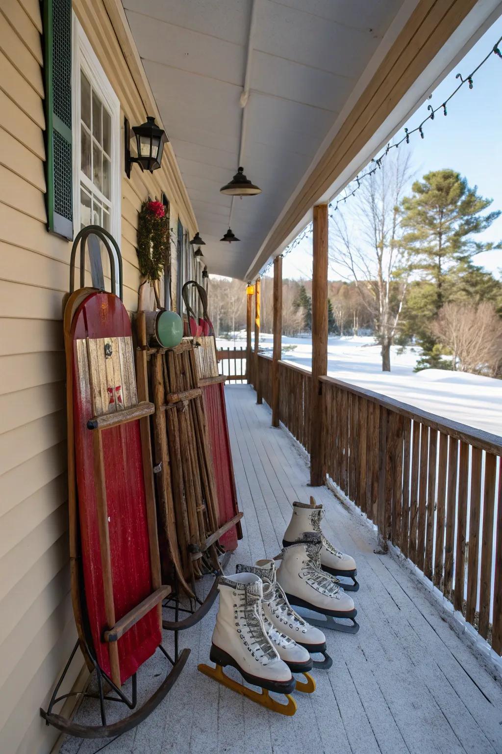 Vintage finds like sleds and skates add nostalgic charm.