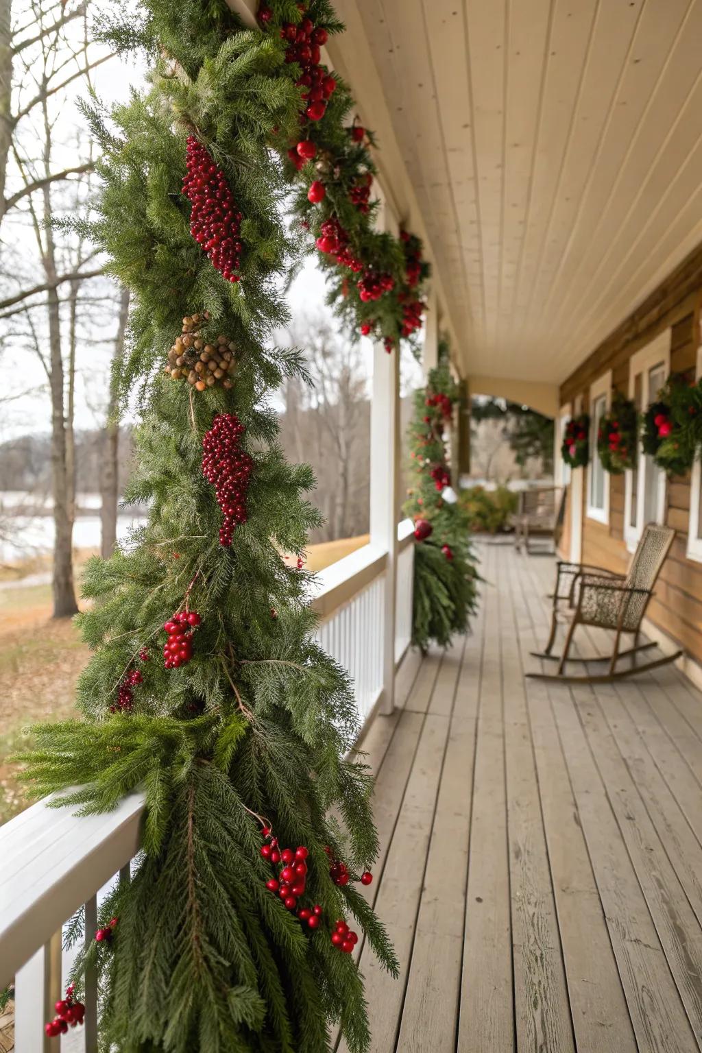 Natural elements like pine branches and berries add authenticity.