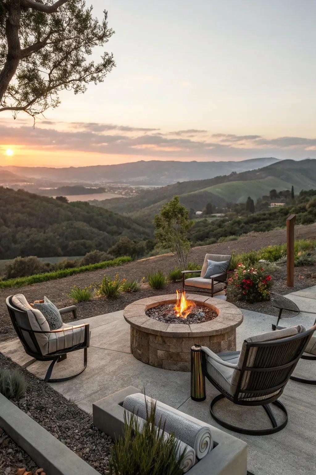 A fire pit becomes a cozy focal point in the garden.