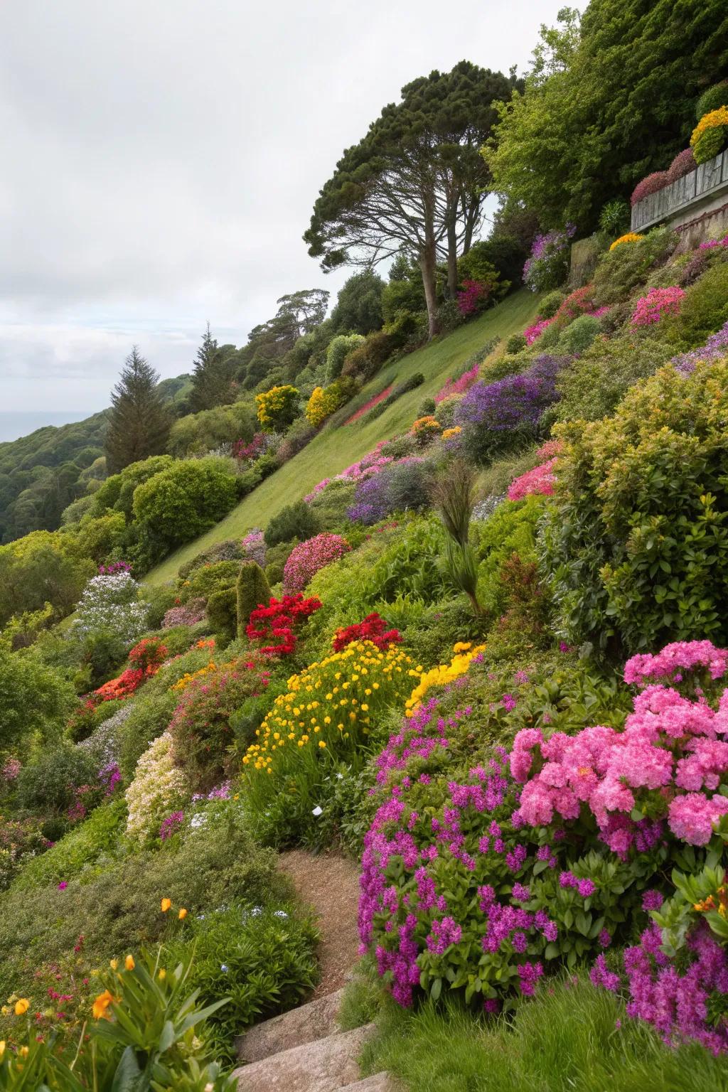 Vibrant flowers add a pop of color to the hillside.