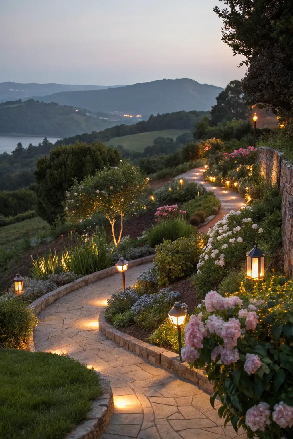 Lighting adds a magical touch to the hillside at night.