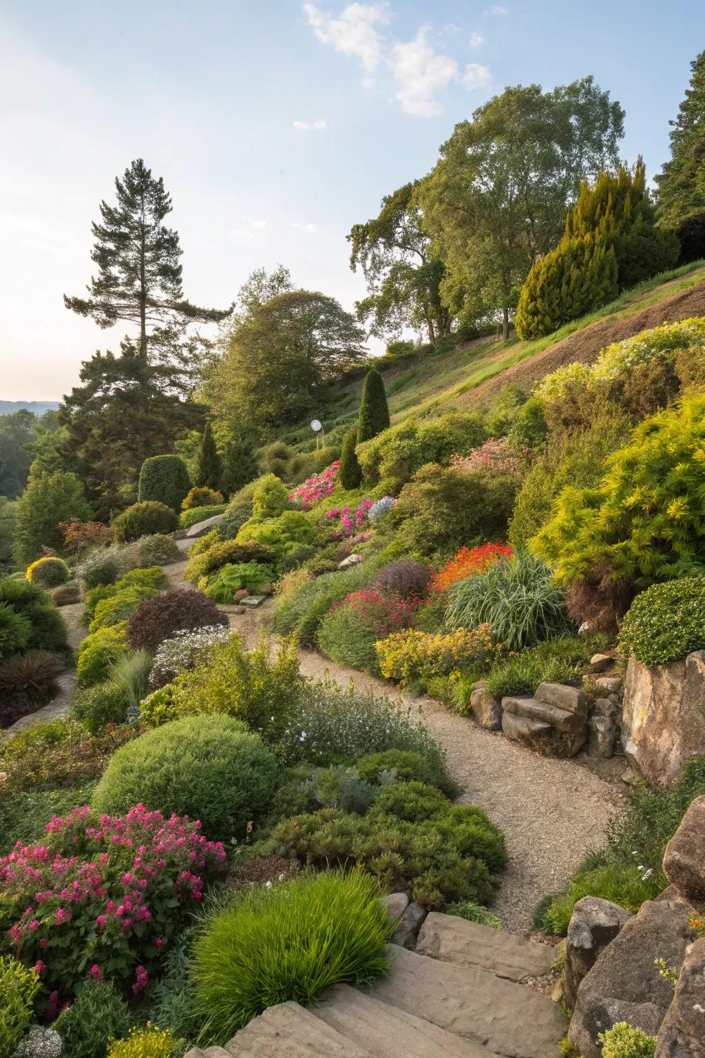 Diverse plantings create a rich tapestry on the hillside.