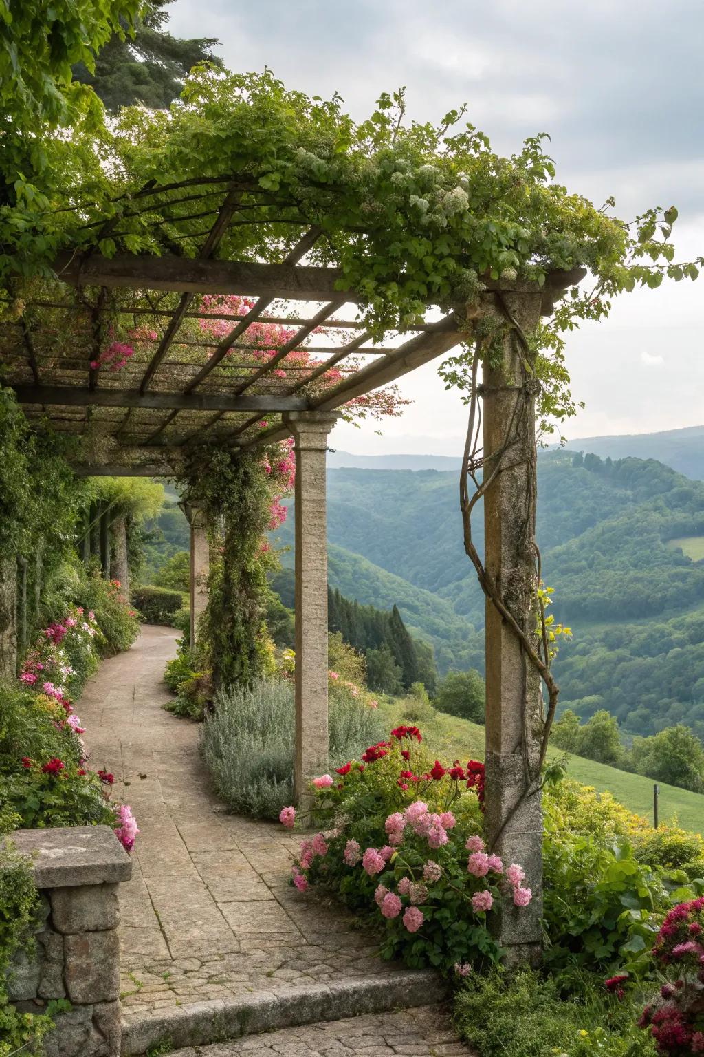 A pergola provides shade and elegance to the garden.