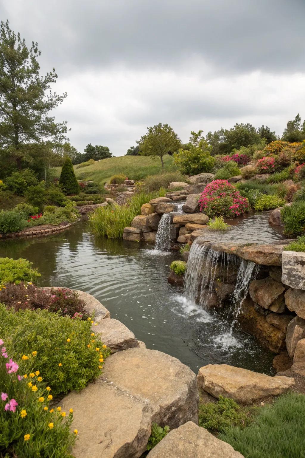 A waterfall adds a soothing touch to a hillside garden.