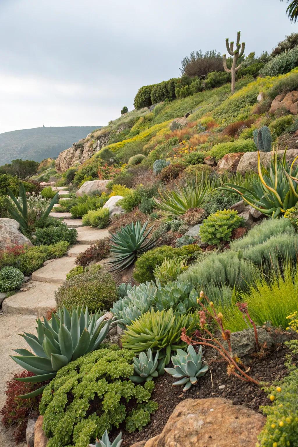 Water-wise plants thrive on a sunny hillside.