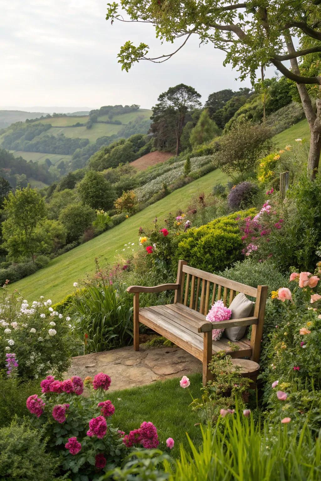 A cozy seating area offers a peaceful retreat in the garden.
