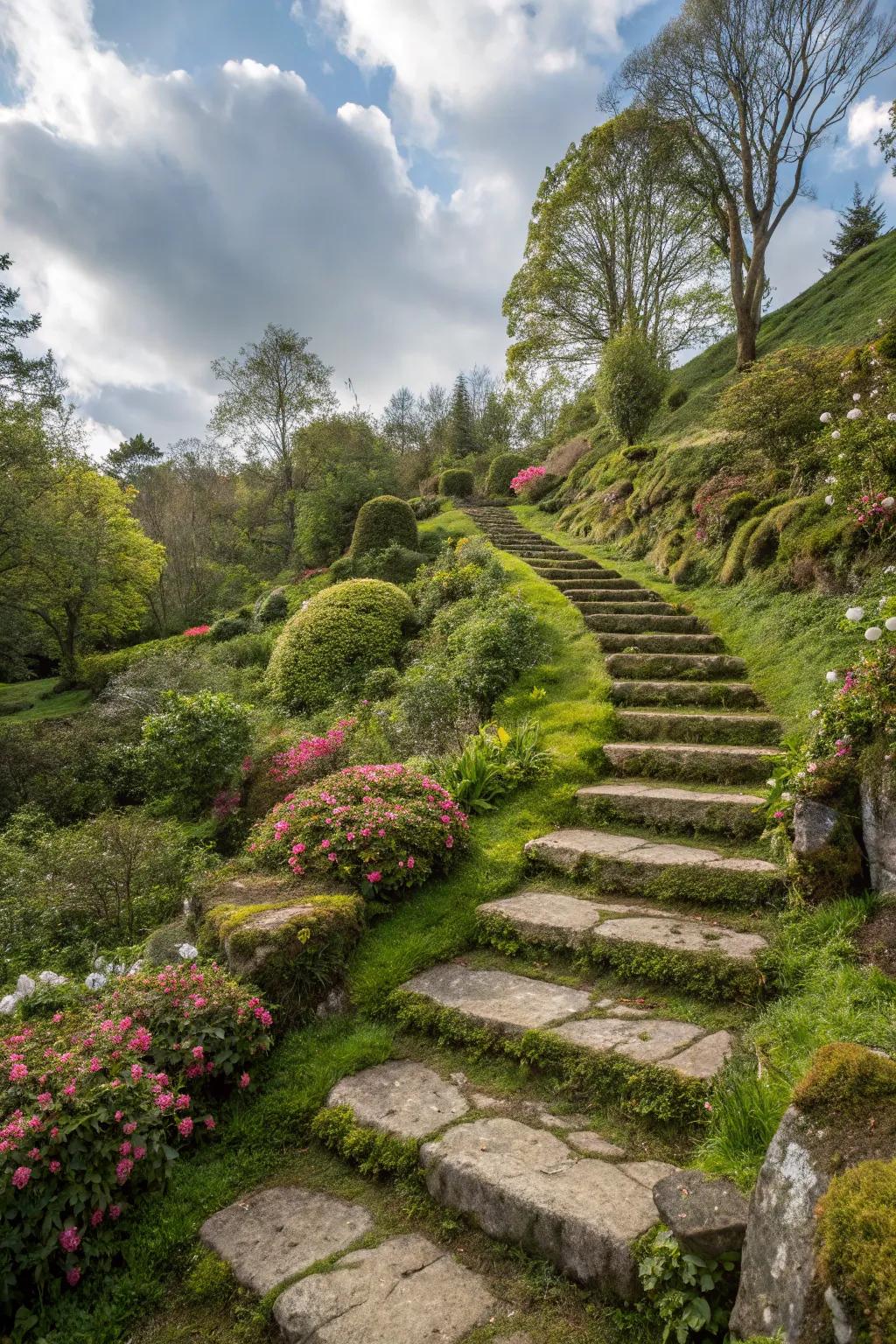 Stone steps elegantly guide you through a hillside garden.