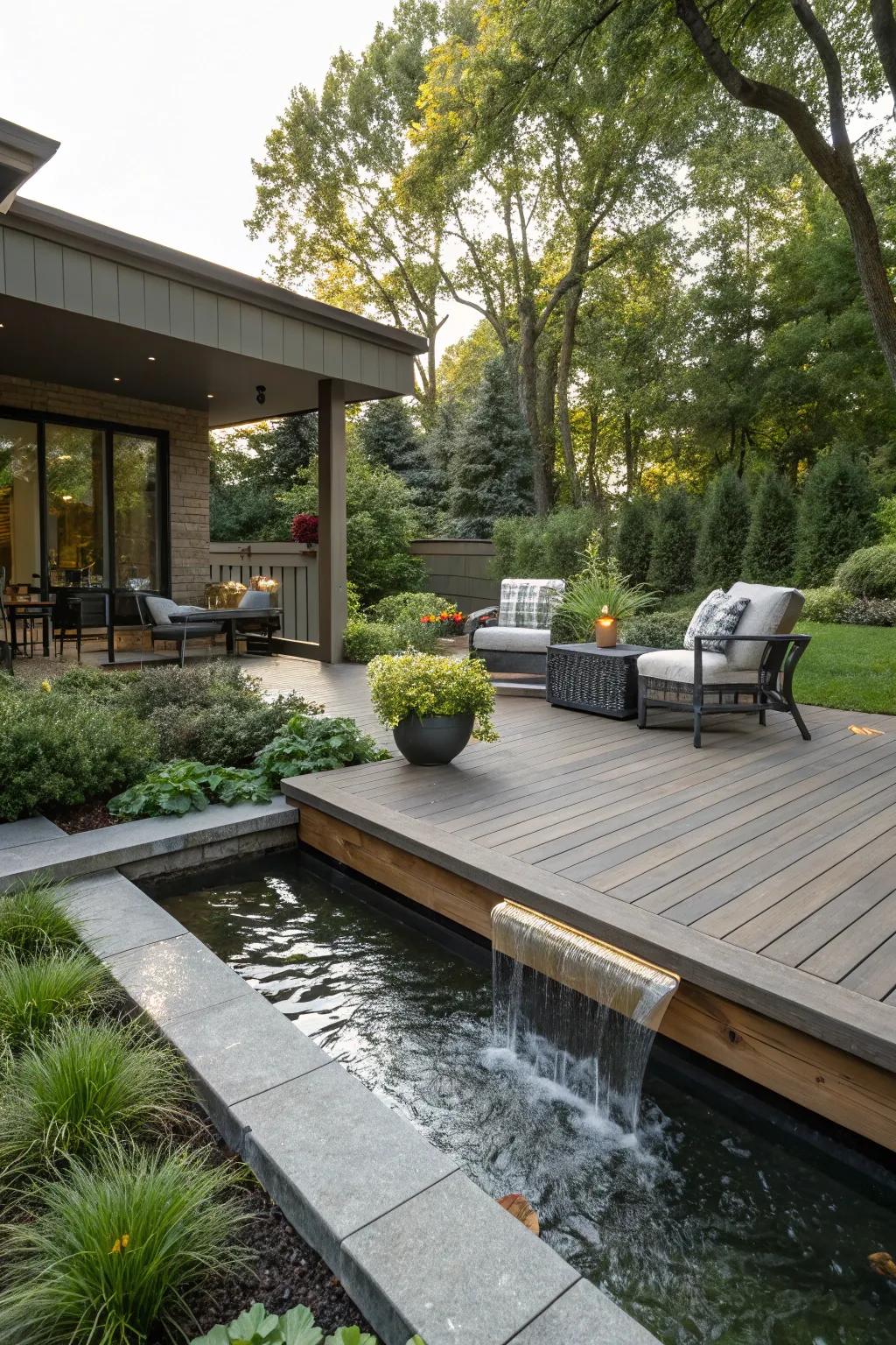 A water feature adds a peaceful touch to any deck.
