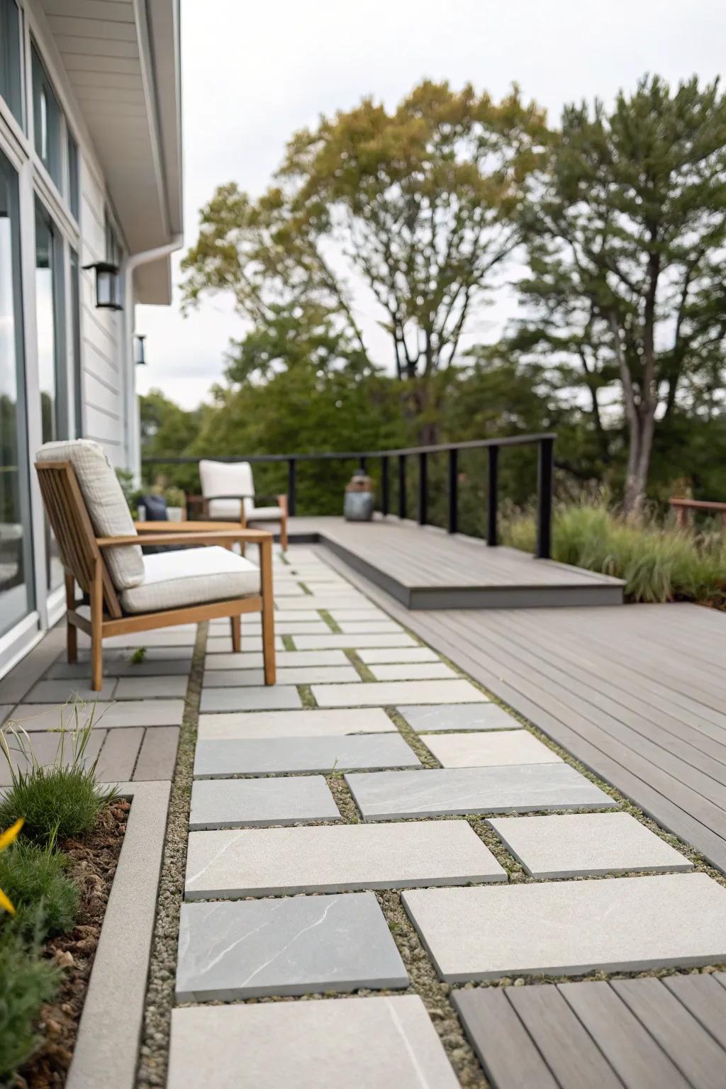 Geometric pavers introduce an artistic flair to this modern deck.