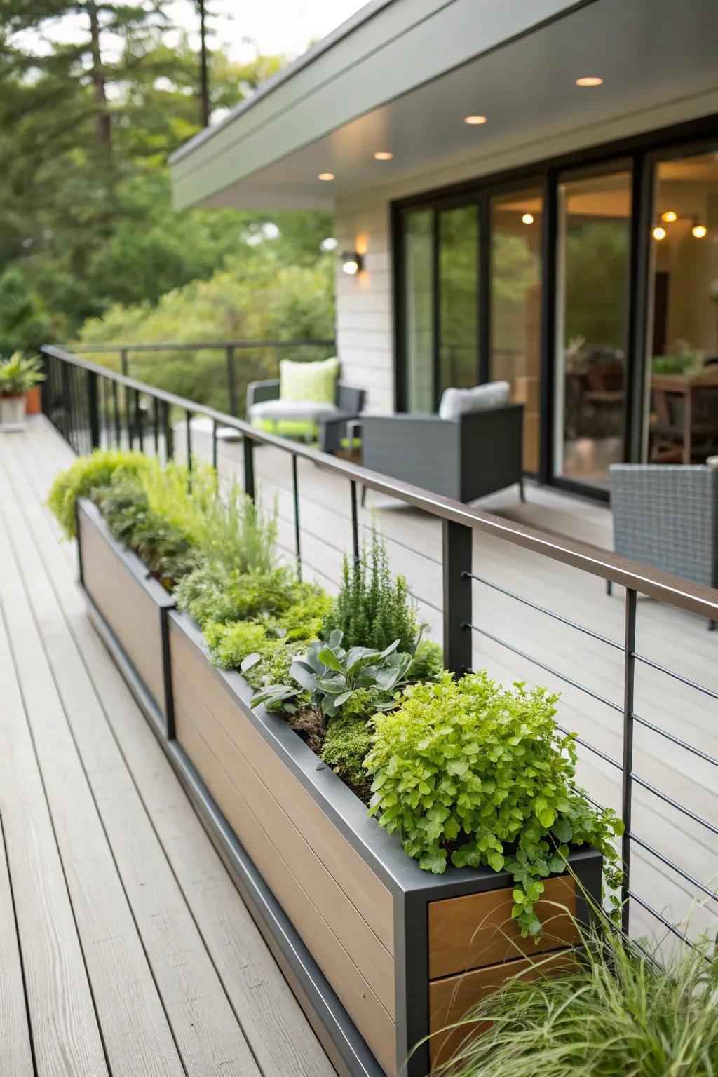 Built-in planters bring nature directly onto the deck.