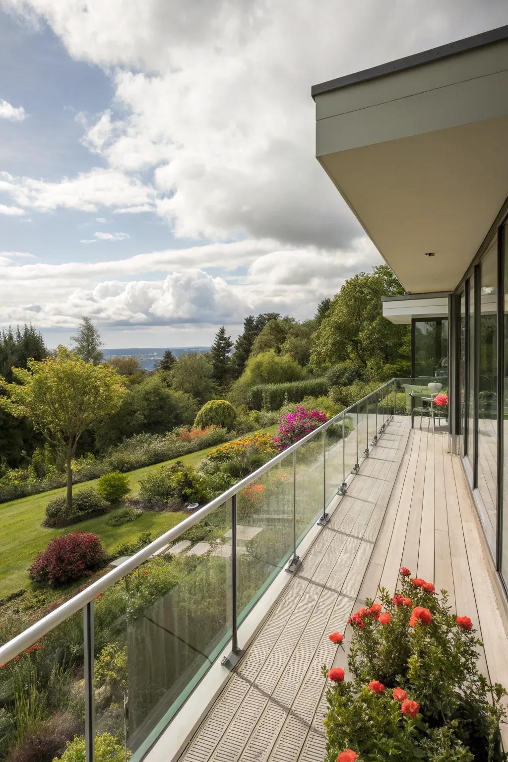 Glass railings offer safety and unobstructed views.