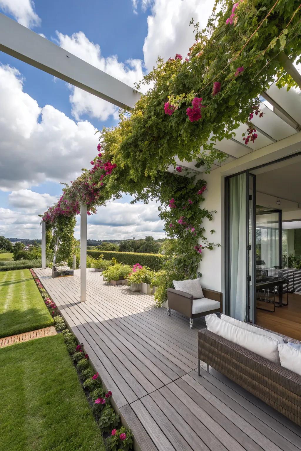 Trellises maximize vertical space for greenery.