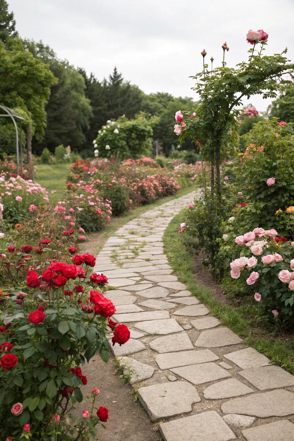 A whimsical stone pathway leads through a garden of vibrant roses.