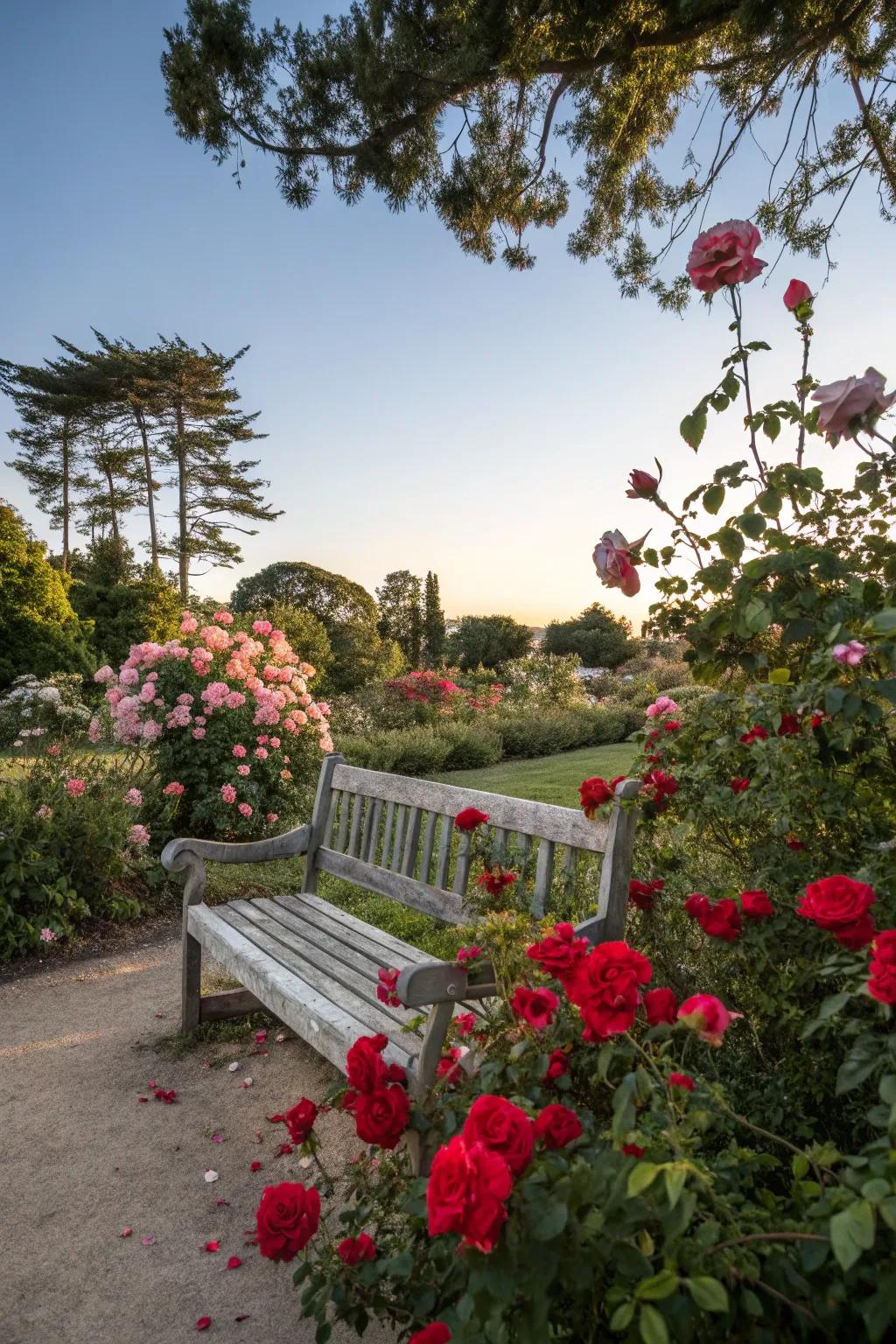 A cozy garden bench nestled among fragrant roses.
