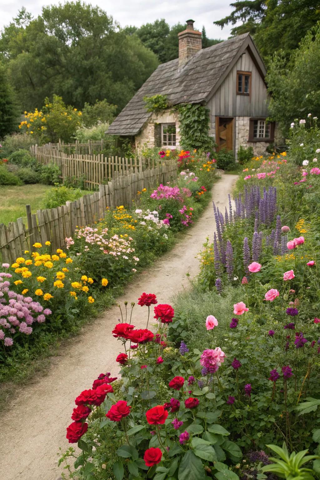 A charming cottage garden overflowing with roses and wildflowers.