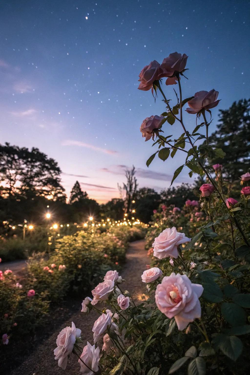Magical lighting casting an enchanting glow over the roses.