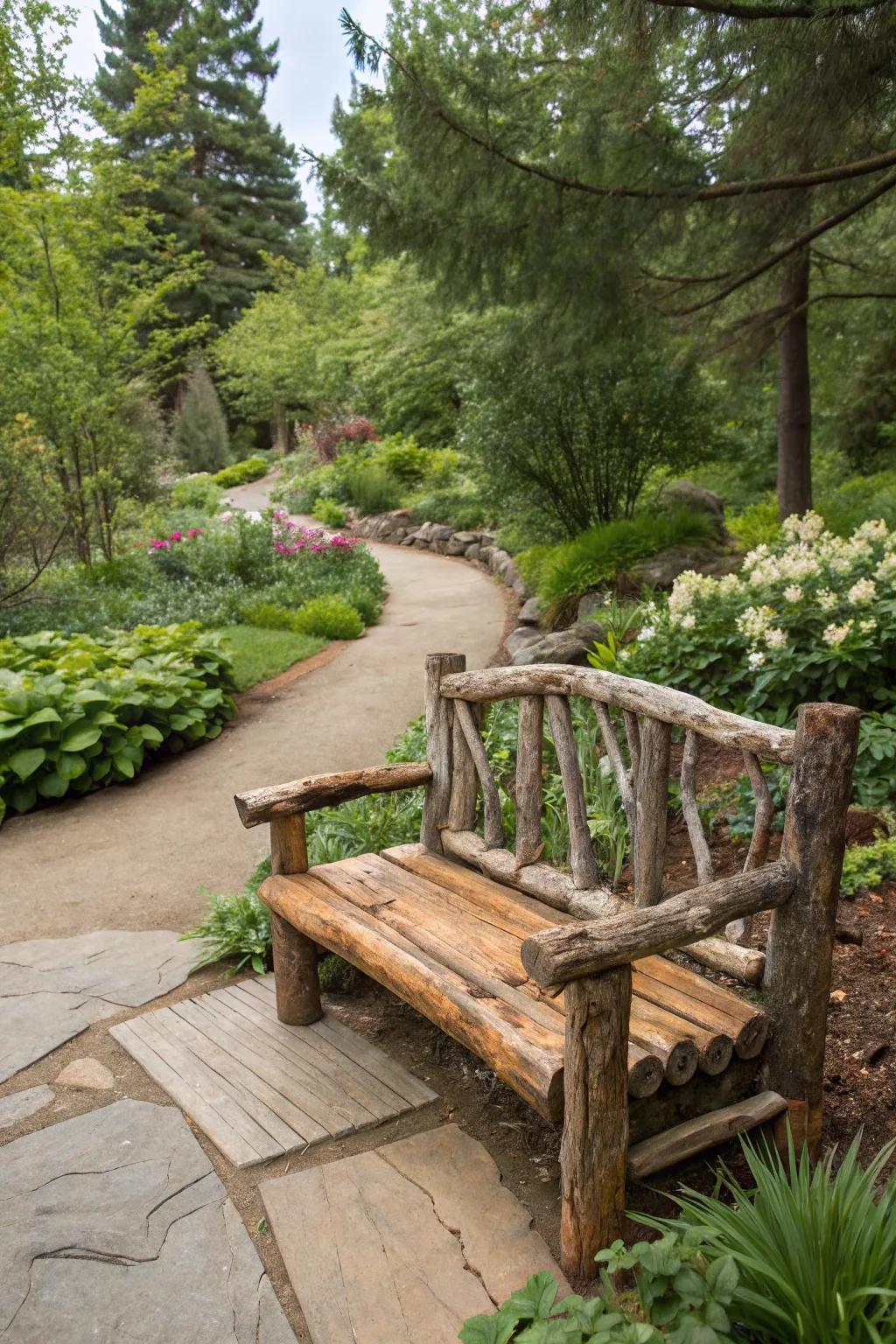 A charming cedar log bench nestled in nature.