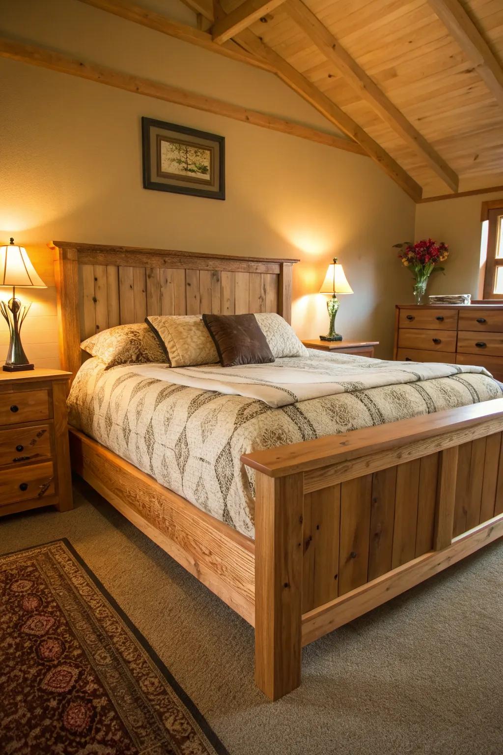 A cedar bed frame that enhances bedroom aesthetics.