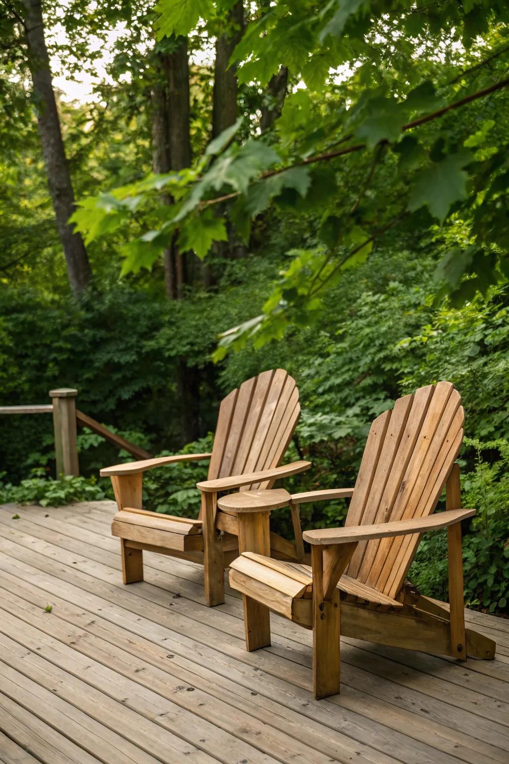 Cedar Adirondack chairs offering a cozy outdoor seating option.