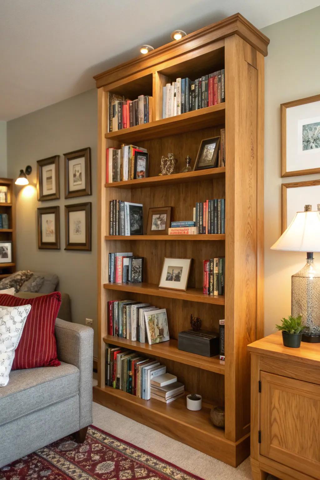 Cedar bookshelf offering both storage and charm.