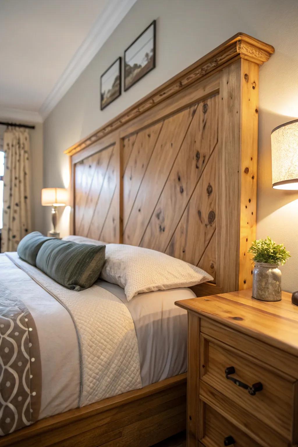 Cedar headboard adding rustic charm to the bedroom.